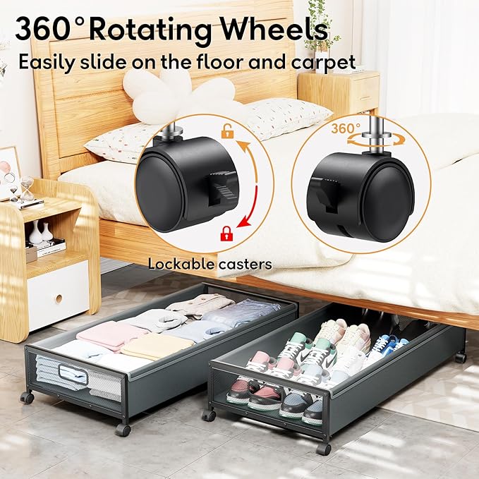 Under Bed Storage with Wheels，1 Pack Under Bed Storage Containers,Underbed Shoe Storage Bedroom