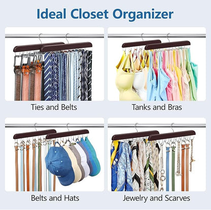 2 Pack Tie Rack & Belt Hanger 2 in 1 Tie Hanger Space Saving Max 42 Belts& 60 Ties Capacity for Closet Organizers and Storage, Sturdy Wood Belt & Tie Closet Organizers and Storage