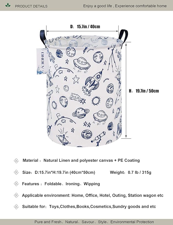 Round Space Rocket Laundry Basket, Collapsible Laundry Hamper for Boys, Cute Galaxy Solar System Storage Bin, Waterproof Toy Storage for Kids Room, Nursery, Playroom(Blue Planet)
