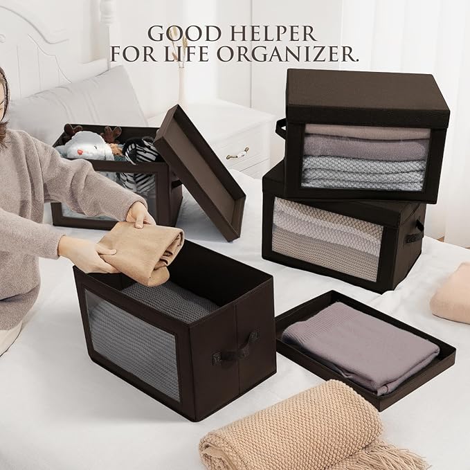 Homsorout Foldable Storage Boxes with Clear Window - Clothes Organizers and Decorative Bins with Lid, Fabric Storage Cube, Baskets for Shelves, Yarn, Home, Brown, 3 Pack