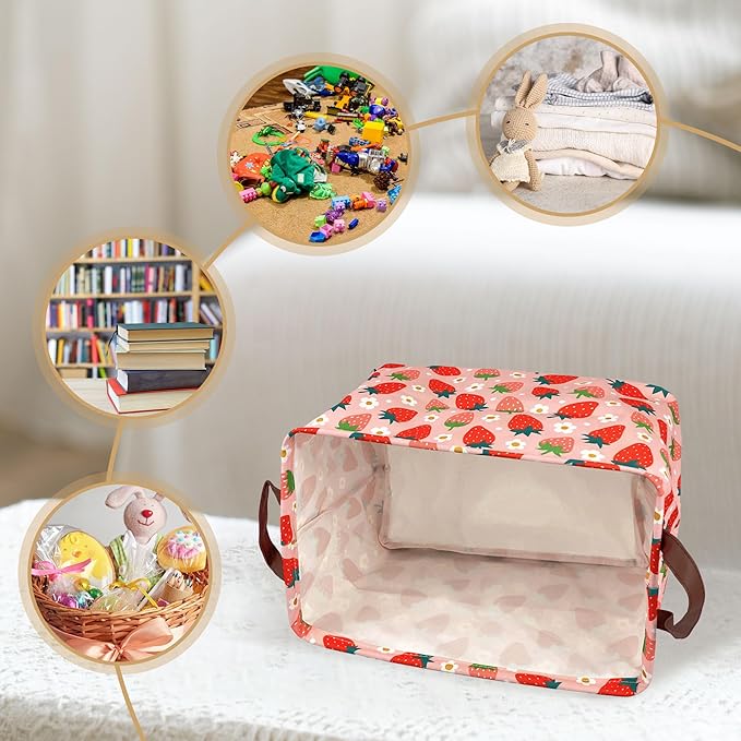 Strawberry Storage Basket Waterproof Canvas Toy Storage Bin Strawberry Shortcake Room Decor Collapsible Outdoor Basket with Leather Handles Blanket Baskets For Closets,Bedrooms,Gifts Baskets