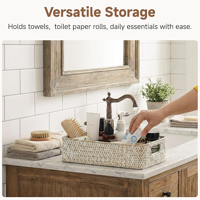 StorageWorks Wicker Toilet Paper Basket for Back of Toilet Baskets, Seagrass Bathroom Basket Organizer and Storage for Tank Topper, Small Tank Trays for Decor with Built-in Handles, Wipe White