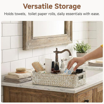 StorageWorks Wicker Toilet Paper Basket for Back of Toilet Baskets, Seagrass Bathroom Basket Organizer and Storage for Tank Topper, Small Tank Trays for Decor with Built-in Handles, Wipe White