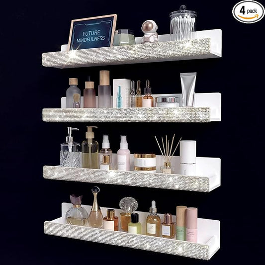 4 Pack 15 Inch Nail Polish Wall Rack，Diamond Crystal Rhinestone Acrylic Nail Polish Organizer，Sunglasses Essential Oil Picture Display Storage Wall Shelf