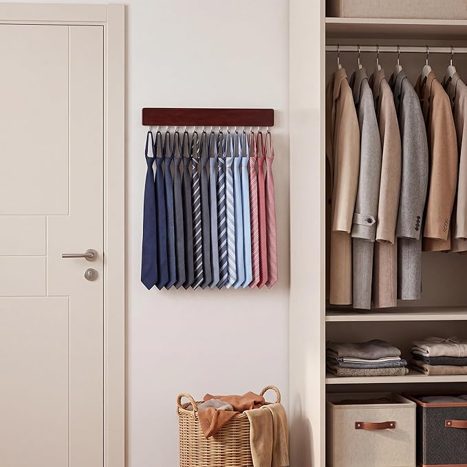 StorageWorks Tie Rack with 20 Hooks, 2-Pack Wall-Mounted Wooden Hangers for Neckties, Belts, Hats, Dark Cherry Color