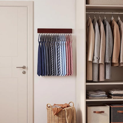 StorageWorks Tie Rack with 20 Hooks, 2-Pack Wall-Mounted Wooden Hangers for Neckties, Belts, Hats, Dark Cherry Color