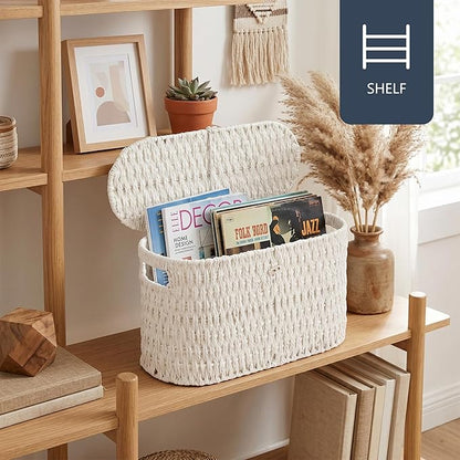 Coeusy Toilet Paper Storage Basket with Lid, Paper Rope Toilet Paper Holder for Up to 6 Mega Rolls, Wicker Basket for Bathroom Accessories Organizer, Boho Hand Woven Rattan Decorative Decor, White