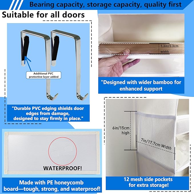 over the door organizer, Solid Bamboo Board (Not Plastic!) 6-Tier Heavy Duty 75LB, 12 Side Pockets, 3 Reinforced Hooks & Anti-Slip Pads, Waterproof & Washable, No Sagging, No Door Damage,White