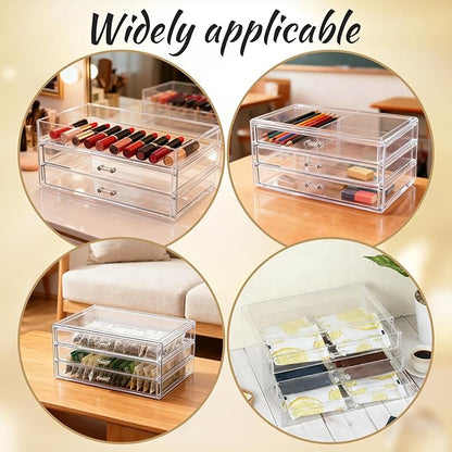1 Pc Acrylic Storage Drawers, 9.3 X 5.3 X 4 Inch Clear Storage Drawers with 3 Drawer Stackable Makeup Organizer Cosmetic Display Case Stationery Organizer for Dresser, Bathroom, Vanity, Countertop