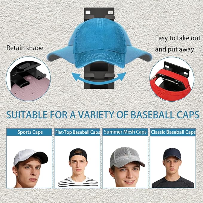 4 Pack Hat Organizer for Baseball Caps, Hat Organizer for Wall Hold up to 36 Hats, Wall-Mounted Hat Display Stand, Hat Rack, Baseball Hat Organizer, Black