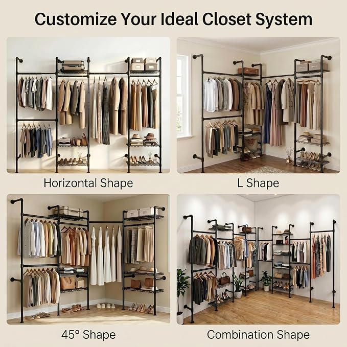 Wall Mounted Closet System – Adjustable Clothing Rack with 6 Hanging Clothes Rods( 4 Expandable Rods) & 6 Shelves, Heavy Duty Industrial Pipe Clothes Rack for Closet Organizer and Storage, Black
