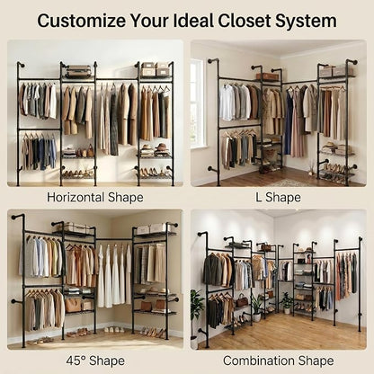 Wall Mounted Closet System – Adjustable Clothing Rack with 6 Hanging Clothes Rods( 4 Expandable Rods) & 6 Shelves, Heavy Duty Industrial Pipe Clothes Rack for Closet Organizer and Storage, Black