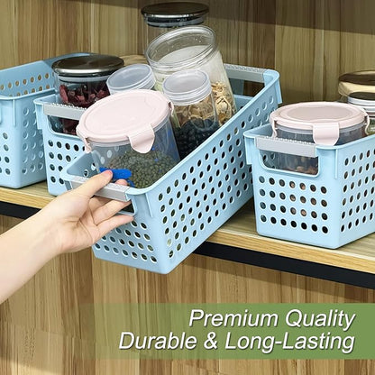 Soddeph 4 Pack Slim Plastic Storage Basket with Handles, Rectangular Storage Bins for Shelves,Narrow Organizer box for Organizing, Kitchen,Home,Office (Blue, Small)