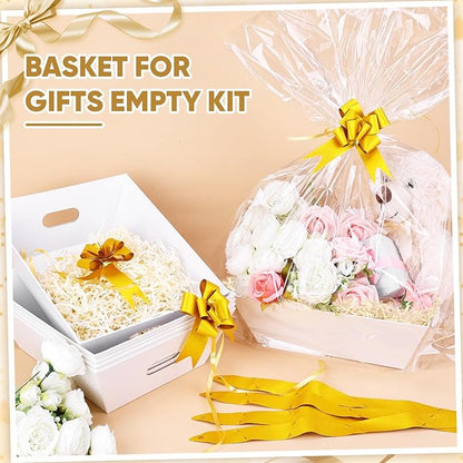 5 Pack Baskets For Gifts Empty, 10x12” White Gift Basket Kit with Clear Bags Gold Bows 200g Crinkle Cut Paper Empty Gift Baskets to Fill Large Gift Baskets for Christmas, Birthdays, Holidays, Weddings