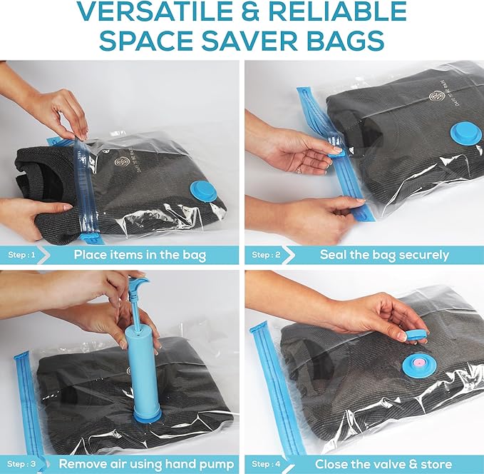 Yan & Hin Vacuum Storage Bags for Clothes, Space Saver Bags for Closet Organization,Clothing Storage, (2 Jumbo/2 Large/2 Medium/2 Small /4 Travel Compression Bags) with Hand Pump (12 Combo)