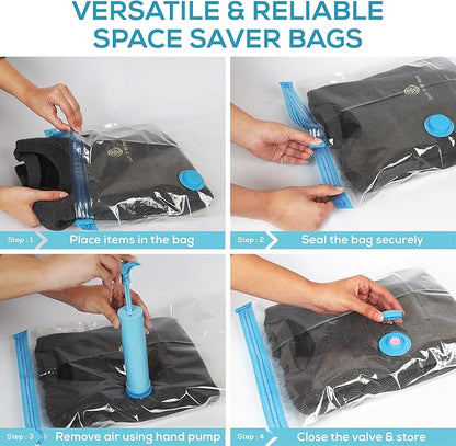 Yan & Hin Vacuum Storage Bags for Clothes, Space Saver Bags for Closet Organization,Clothing Storage, (2 Jumbo/2 Large/2 Medium/2 Small /4 Travel Compression Bags) with Hand Pump (12 Combo)