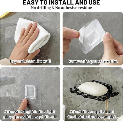 Shower Soap Holder for Wall, Adhesive Bar Soap Dish with Self Draining Grid, Side Hooks and No Drilling Mount, Black, 4 Pack