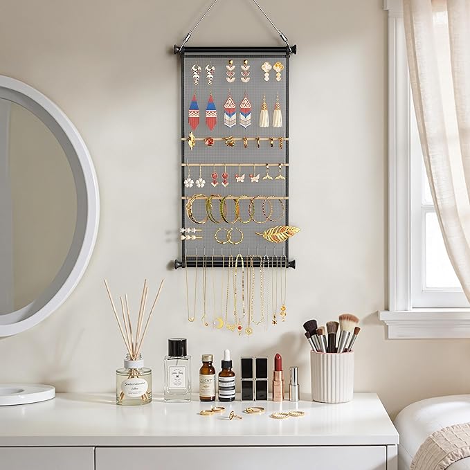 Mesh Earring and Necklace Holder Wall Hanging with Wooden Rods and Hooks, Jewelry Display