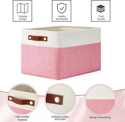 Uiifan 8 Pack 16 x 12 x 10 Inch Large Storage Baskets Collapsible Fabric Storage Cubes Bins with Handles for Shelves Closets Nursery Home Clothes Toys Organizers, Pink