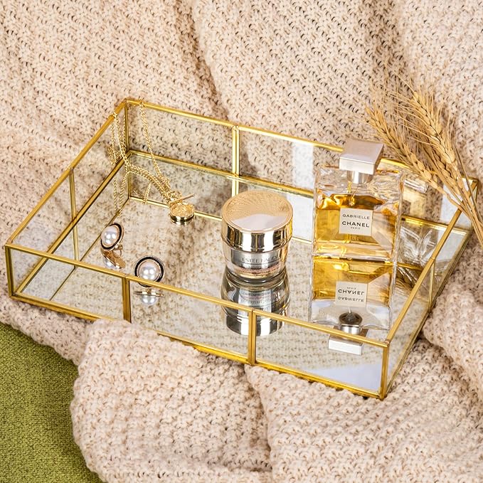 Perfume Tray Vanity Tray with Metal Frame, Gold Tray for Bathroom, Jewelry or Home Decoration 2 Pcs (L+S)