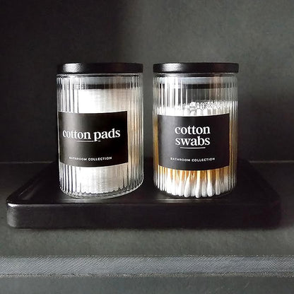 Mason & Fable Ribbed Glass Bathroom Jars & Tray Set | 10 fl oz, Set of 2 Storage Canister with Airtight Black Bamboo Lids | Cotton Pad/Swab/Q tip Holder/Bath Salt/Clear Vanity Apothecary Organizer
