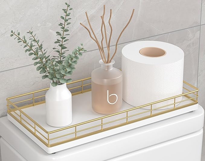 Toilet Paper Basket Organizer – Oak Wood Toilet Tank Tray with Metal Frame, Bathroom Counter Top Storage for Toilet Paper, Wipes & Decor, Modern Narrow Back of Tank Shelf Organizer, Gold & White