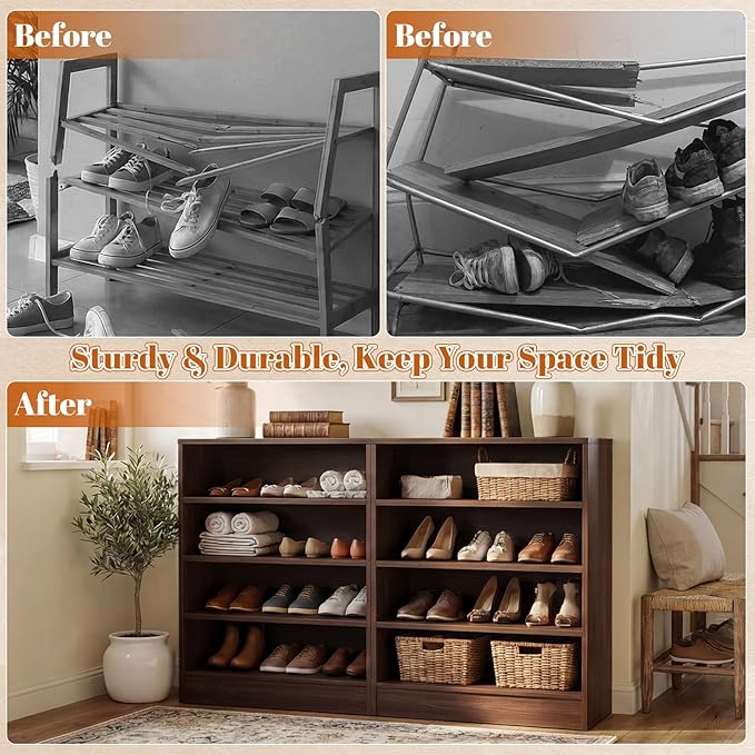 Homieasy Shoe Cabinet, 5-Tier Modern Wood Shoe Storage Organizer with 3 Adjustable Shelves for Entryway, Multi-Purpose Display Shelf & Storage Cabinet for Living Room, Bedroom, Dark Walnut
