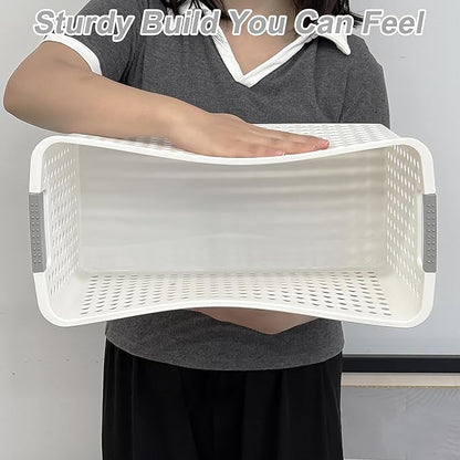 Soddeph Slim Plastic Storage Basket with Handles, Narrow Organizer box for Shelves, Organizer box for Organizing, Kitchen,Home,Office (White, Large)