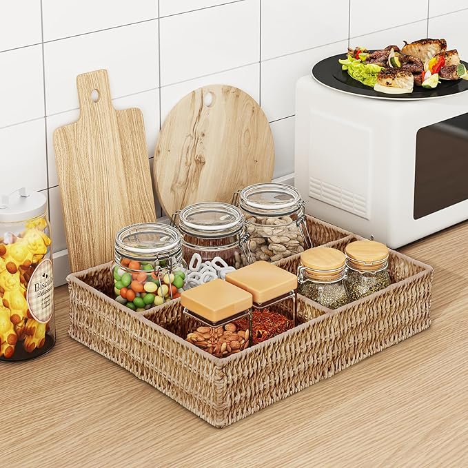 Vagusicc Wicker Divided Storage Basket, Wicker Baskets, Basket for Shelves Drawer Organizing, 3 Section Rectangular Woven Storage Baskets, 2-Pack, Natural