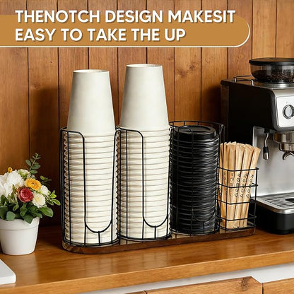 4-Compartment 18oz Coffee Cup Dispenser Rack with Wood Base, Disposable Cup Holder,Cup and Lid Holder with Straw Organizer,for Stirrers Pod Countertop, Plastic Cup Station