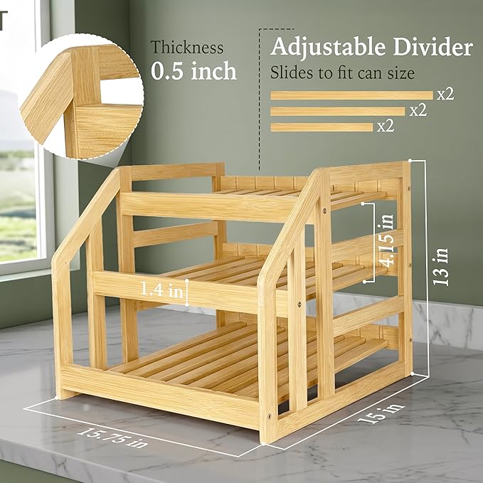Bamboo Can Organizer for Pantry, 3 Tier Tilt Rack Holds 36 Cans, Adjustable Dividers, Sturdy Wood Soda Storage for Refrigerator, Spice Jar Holder, Cat Food Bin, Cabinet Countertop