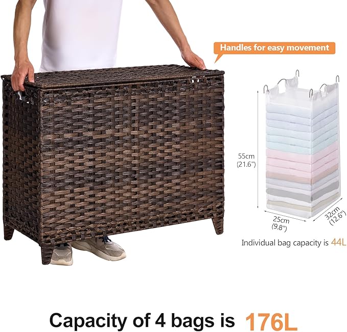 Laundry Hamper with 4 Removable Liner Bags; 176L Handwoven Rattan Laundry Basket with Lid & Heightened Feet; Clothes Hamper with Side Handles