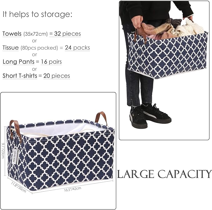 Sea Team Moroccan Lattice Pattern Canvas Fabric Storage Basket Collapsible Geometric Design Storage Bin with Drawstring Cover and PU Leather Handles, 16.5 by 11.8 inches, Waterproof Inner, Dark Blue