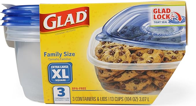 Glad GladWare XL Square Food Storage Containers with Lock Tight Lids, BPA-Free Family Size Plastic Containers for Leftovers, Meal Prep, and Freezer Storage, Dishwasher Safe, 104 Oz, 3 Count