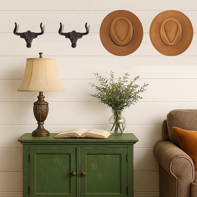 Cowboy Hat Rack for Wall - 4 Pack Cast Iron Cowboy Hat Holder,Hat Storage Organizer Hat Hooks for Wall Western Decor for Bedroom Western Gifts (Rust, 4 Pack)