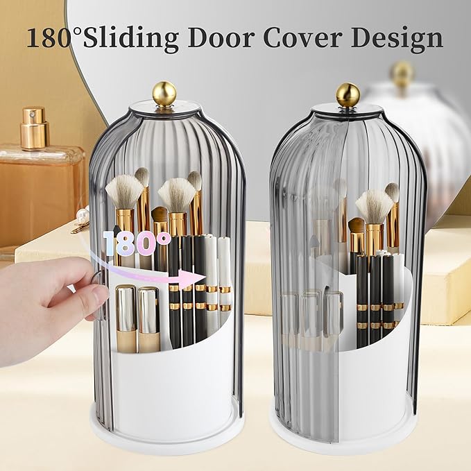 Makeup Brush Holder with Lid 360 Rotating Makeup Brush Organizer, Dustproof Waterproof Material & with 3 Compartments for Organized Storage, Dressing Tables Clear Storage Skincare Cosmetic (Grey)