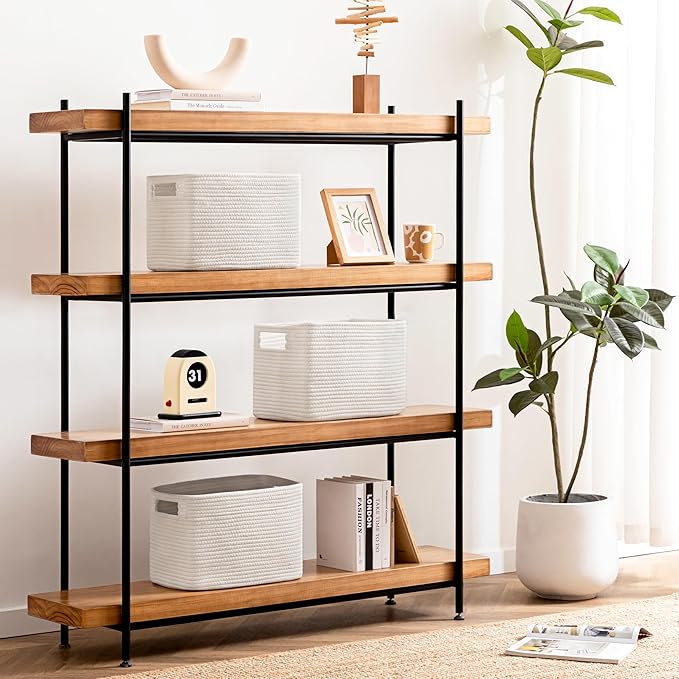 UBBCARE 2 Pack Storage Baskets for Organizing, Shelf Baskets with Handles, Woven Storage Baskets for Bookcase/Cube Shelf/Closet, 14.5"L x 9.8"W x 9"H, White