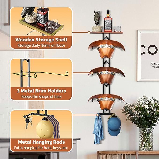 Cowboy Hat Rack for Wall, Hat Organizer for Baseball Caps, 3 Pieces Western Hats Hangers Holder with 2 Hooks, Rustic Wood Display Stand with Storage for Fedora,Sun Hats (Black)