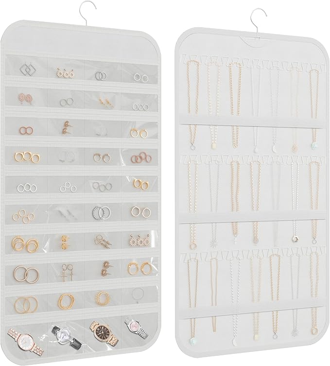 Hanging Jewelry Organizer Storage, 40 Pockets 36 Hooks Necklace Earring Necklace Bracelet Ring Organizer, Double - Sided Design, White
