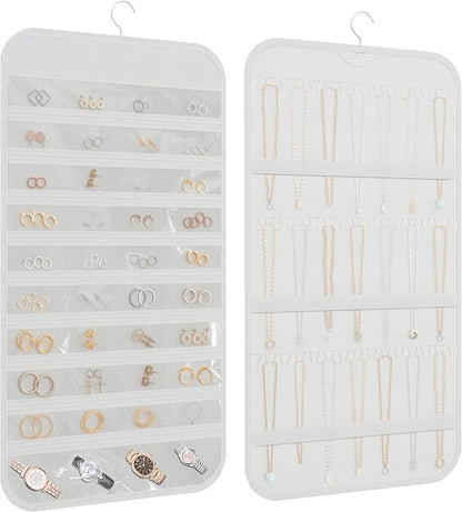 Hanging Jewelry Organizer Storage, 40 Pockets 36 Hooks Necklace Earring Necklace Bracelet Ring Organizer, Double - Sided Design, White