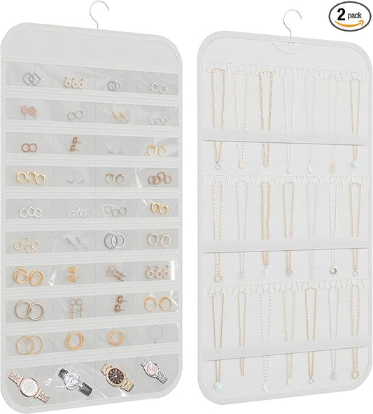 2-Pack Hanging Jewelry Organizer Storage, 40 Pockets 36 Hooks Necklace Earring Necklace Bracelet Ring Organizer, Double - Sided Design, White