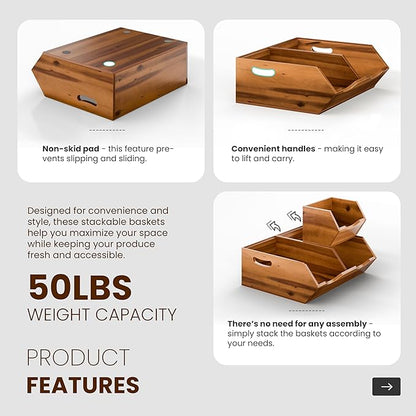 HOLANA Acacia Wood Potato and Onion Storage Bin, Potato Storage, Pantry Baskets, Vegetable Storage, Onion and Potato Storage Bins, Wooden Pantry Bins, Stackable Potato Bins (Patent Pending)
