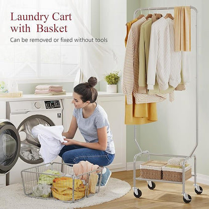 Tajsoon Laundry Cart with Hanging Rack, Metal Rolling Laundry Cart with Wheels and Storage Basket, Silver
