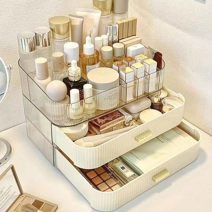 Makeup Organizer with Stackable Drawers, Bathroom Vanity Organizers and Storage, Ideal for Desk and Dresser Countertops, Great for Cosmetics, Skincare, Lipsticks, Nail Care - Cream
