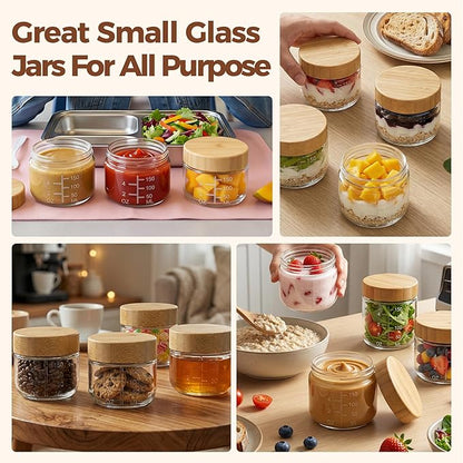 6oz Glass Jars with Airtight Lids - 4 Pack Overnight Oats Containers with Bamboo Lids, Small Food Containers with Measurement for Yogurt, Salad, Chia, Wide Mouth Mason Jar with Lid for Food Storage