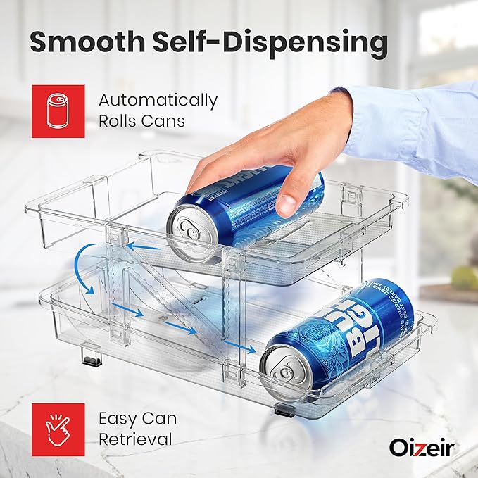 Expandable Soda Can Dispenser For Fridge - 2-Pack - Clear Transparent Soda Can Organizer For Refrigerator, Kitchen, and Pantry Storage Organizer for Cans, Beverage Bottle, Canned Food & Bottles