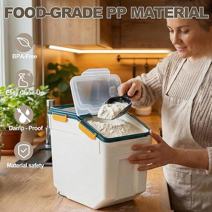 RUIAN 2Pcs Large Flour Storage Container Bin 50Lb Airtight Rice Storage Containers with Wheels Seal Locking Lid, BPA Free with Measuring Cup&Scoop for Flour, Rice, Grain 100LBS Total (Blue)