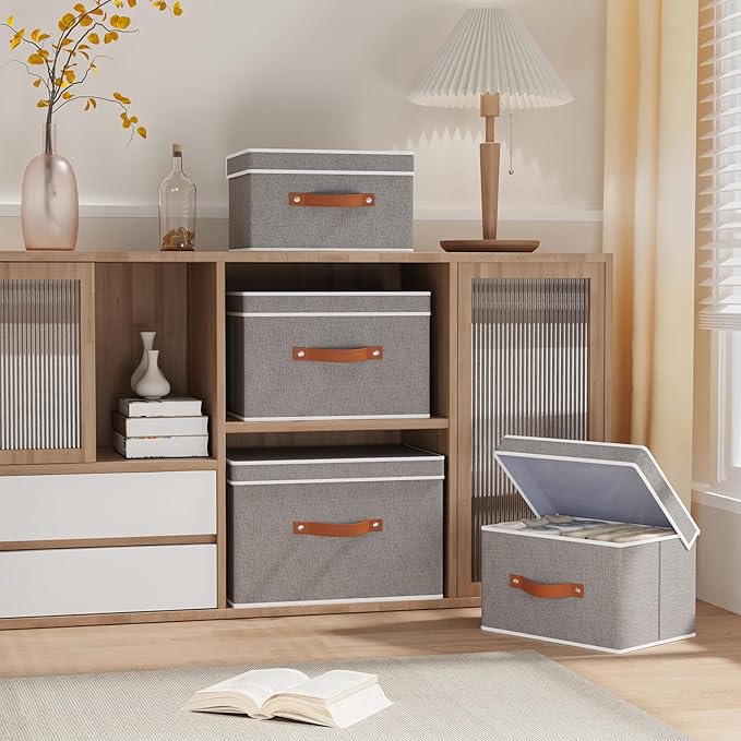 Storage Basket with Lid, Linen Foldable Storage Bin, Closet Organizer Box with Double Handles for Bedroom Corners, Grey, 1 Pack, 13 x 9.1 x 7.9 Inch