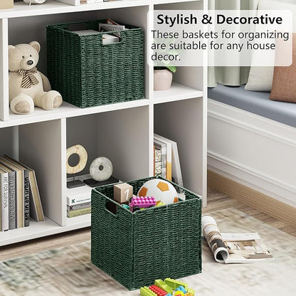 Vagusicc Wicker Storage Basket, Set of 2 Hand-Woven Paper Rope Wicker Basket, Foldable Cube Storage Bins, Square Large Storage Baskets for Organizing Shelves & Decor, Orange (13″×13″×13″)