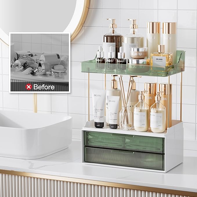 Delamu Bathroom Organizers and Storage, 2 Tier 2 Drawer Makeup Organizer Countertop, Easy to Install, Ideal for Bathroom Counter, Vanity, Ideal for Women Girls, Green